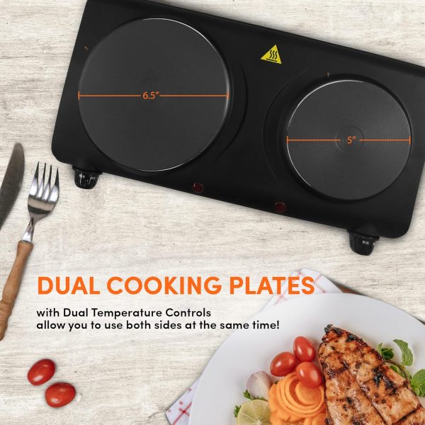 Elite Gourmet EDB-302BF# Countertop Double Cast Iron Burner, 1500 Watts Electric Hot Plate, Temperature Controls, Power Indicator Lights, Easy to Clean, Black - Image 2
