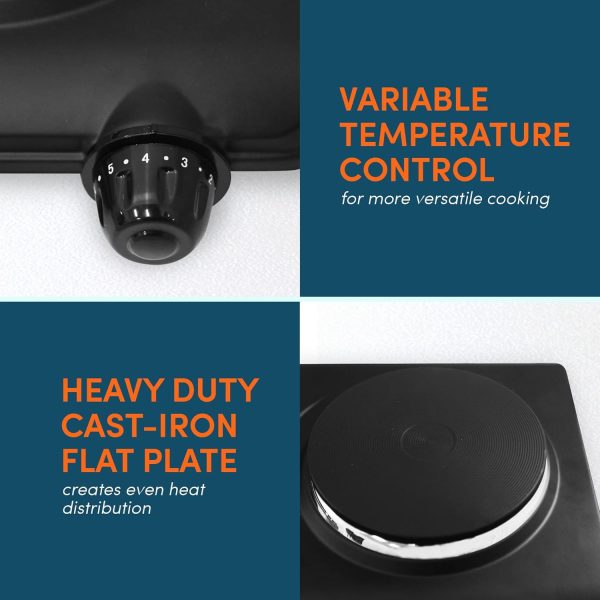 Elite Gourmet EDB-302BF# Countertop Double Cast Iron Burner, 1500 Watts Electric Hot Plate, Temperature Controls, Power Indicator Lights, Easy to Clean, Black - Image 3