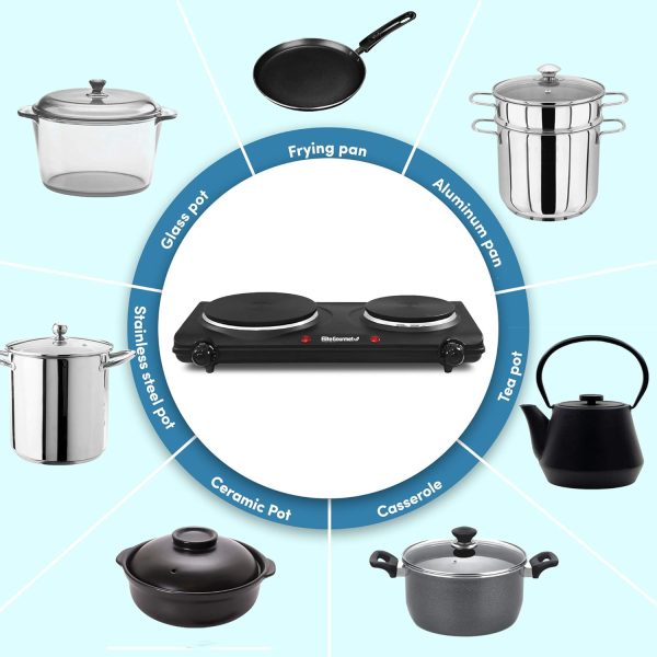 Elite Gourmet EDB-302BF# Countertop Double Cast Iron Burner, 1500 Watts Electric Hot Plate, Temperature Controls, Power Indicator Lights, Easy to Clean, Black - Image 5