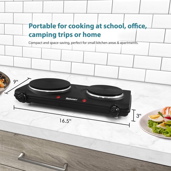 Elite Gourmet EDB-302BF# Countertop Double Cast Iron Burner, 1500 Watts Electric Hot Plate, Temperature Controls, Power Indicator Lights, Easy to Clean, Black - Image 6